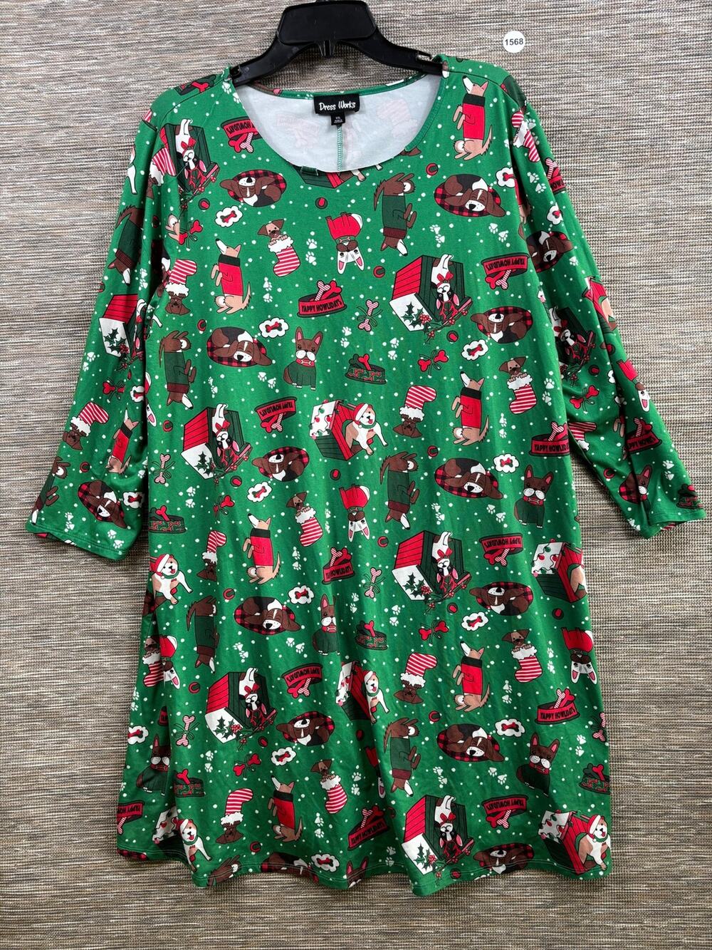 Dress Works Christmas Dog Print T-Shirt Dress Womens Size XXL Green Holiday